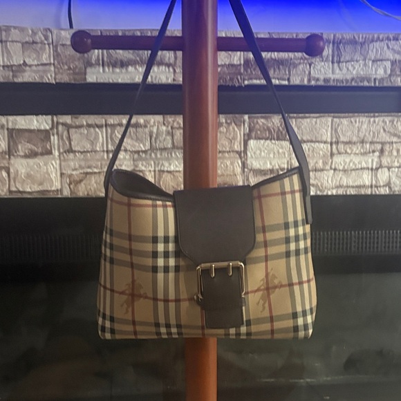 Burberry Handbags - Burberry Beige Plaid Hobo with Dark Brown Leather Flap and Buckle used
